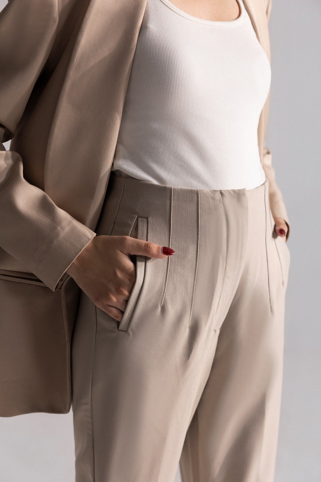 High Waisted Beltless Pants Sand_Stone L