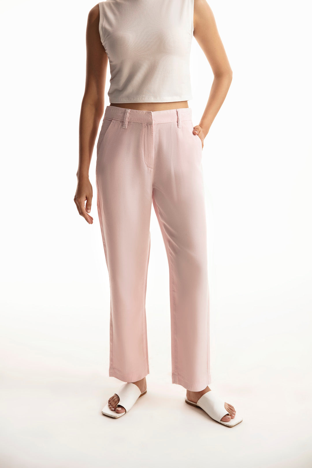 Powder Pink Straight Fit Cropped Pants