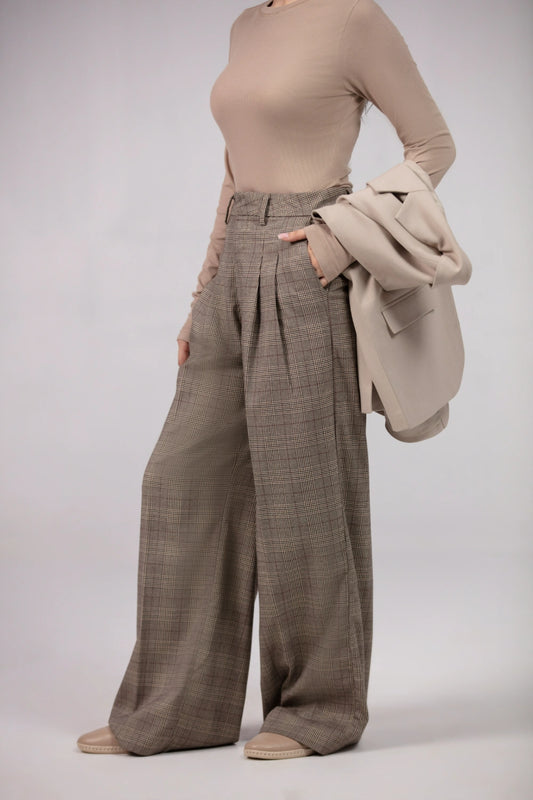 Glencheck Pleated Wide Leg Pants