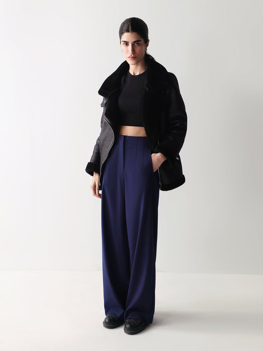 Navy High Waisted Beltless Wide Leg