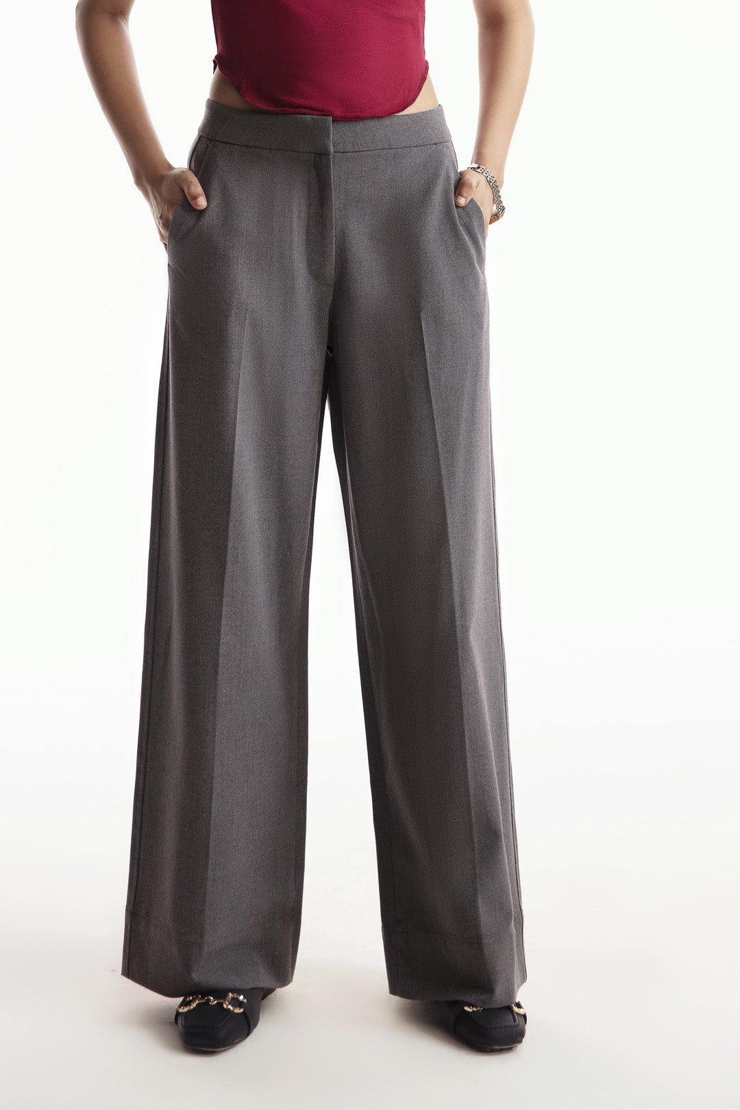 Grey Full Length Straight Pants