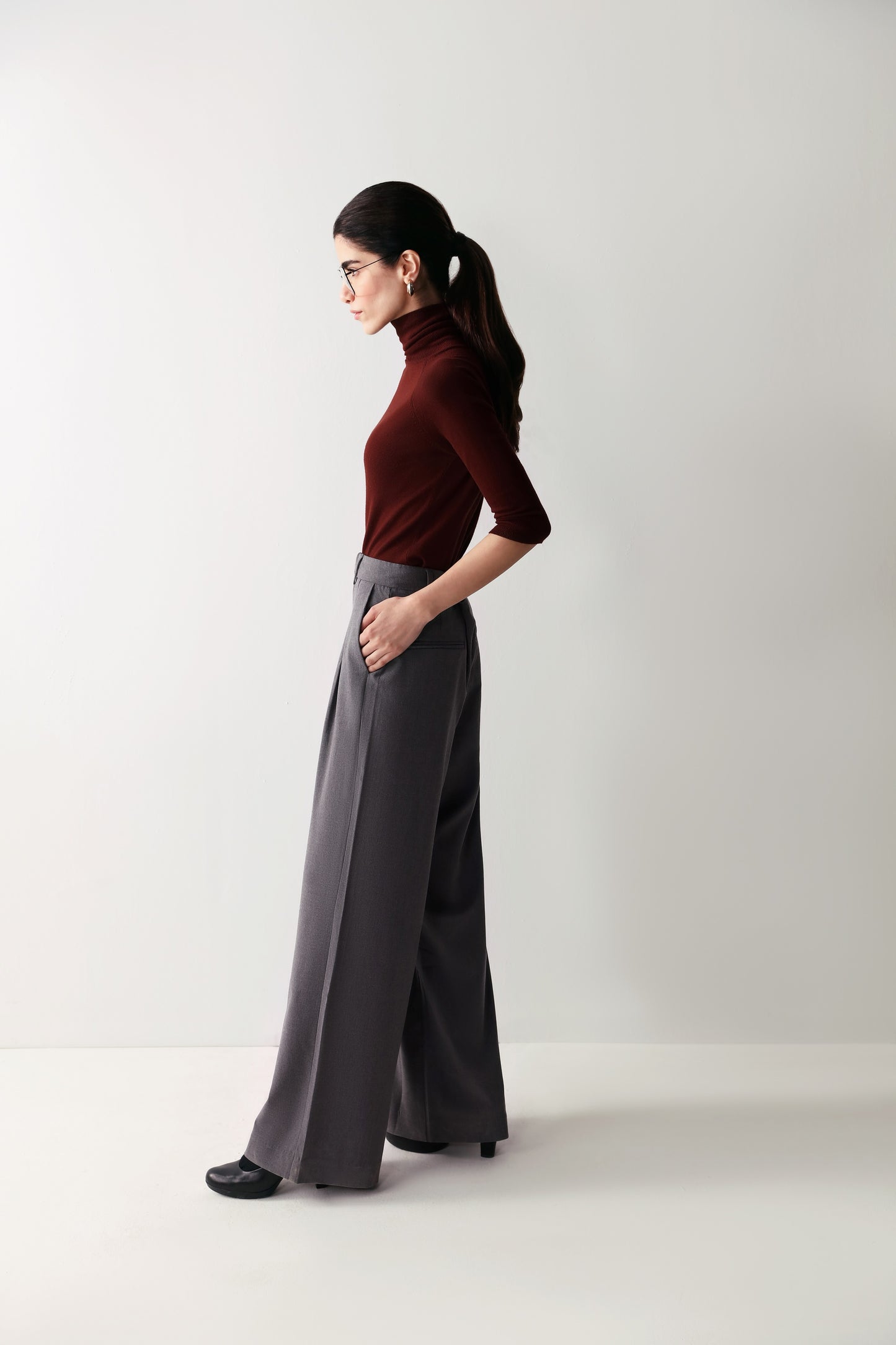 Grey Pleated Wide Leg Pants