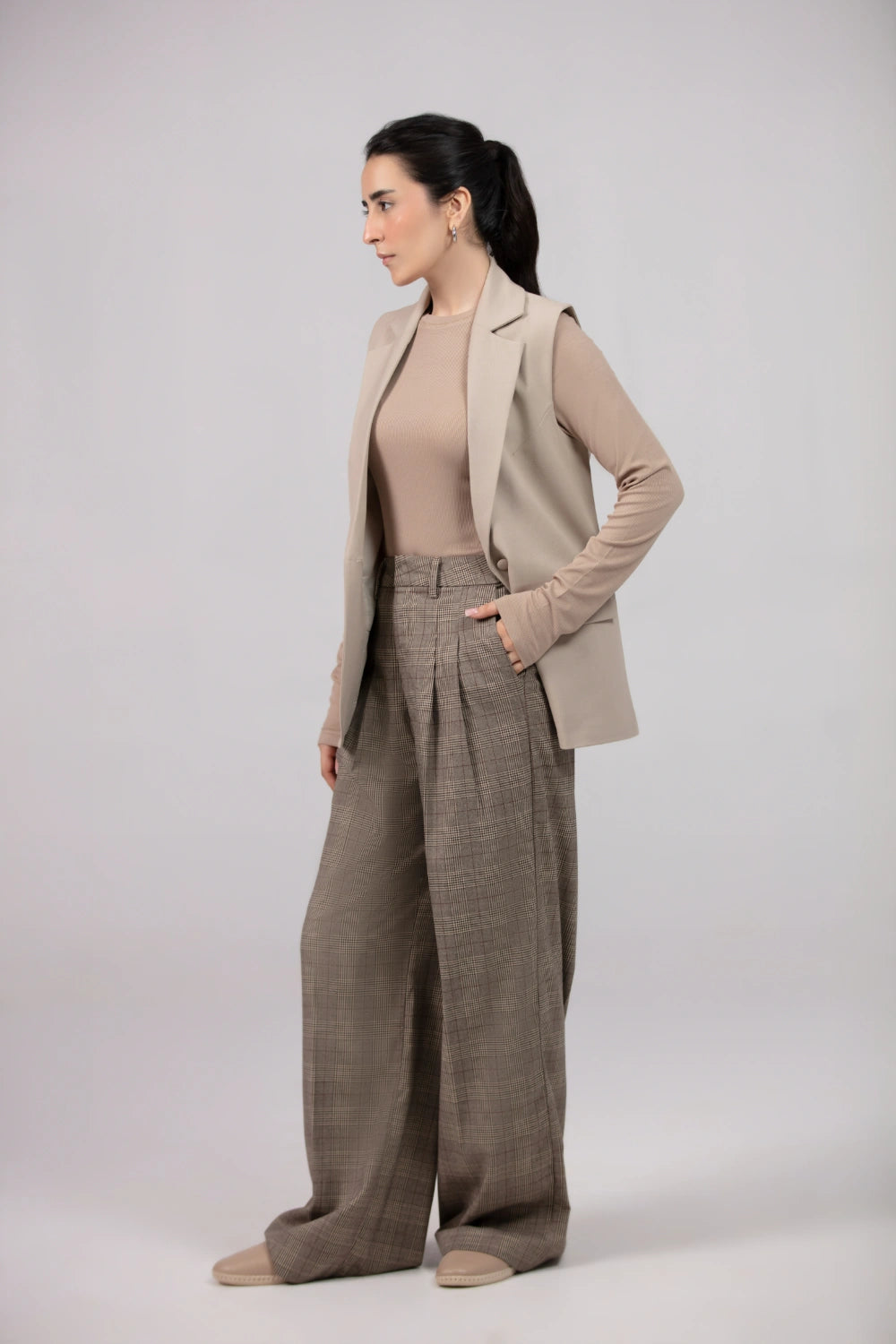 Glencheck Pleated Wide Leg Pants