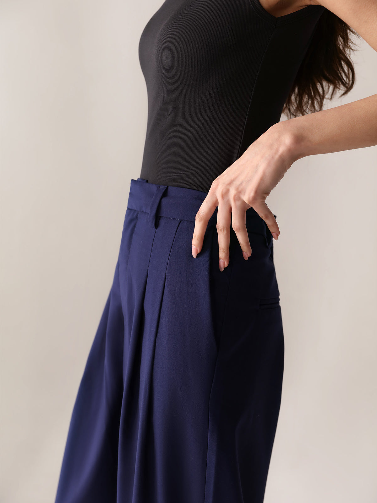 Navy Wide Leg With Double Pleats