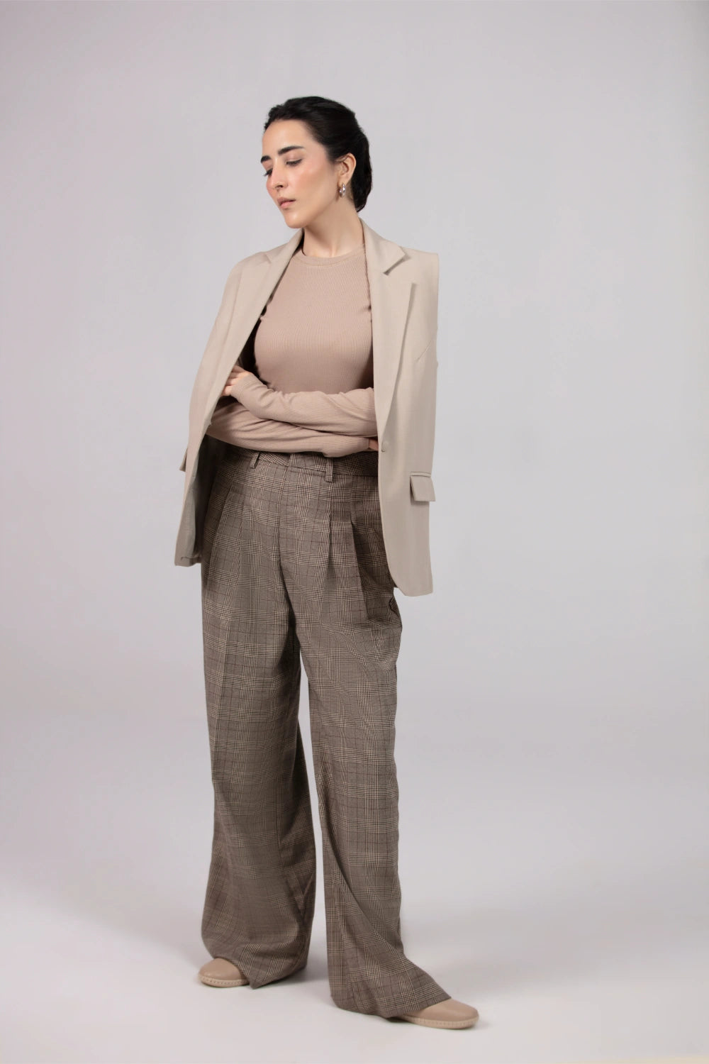 Glencheck Pleated Wide Leg Pants-thumbmail-5