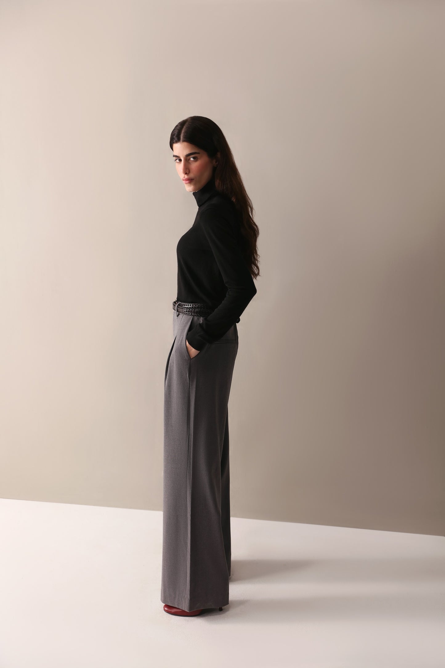 Grey Pleated Wide Leg Pants