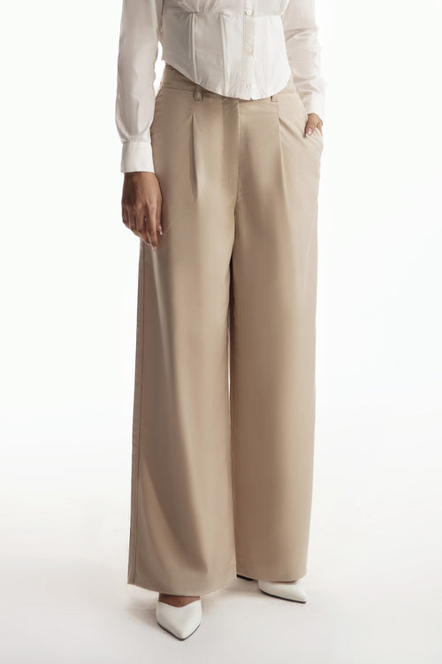 بنطال بيج واسع الساق مع ثنية واحدة - beige