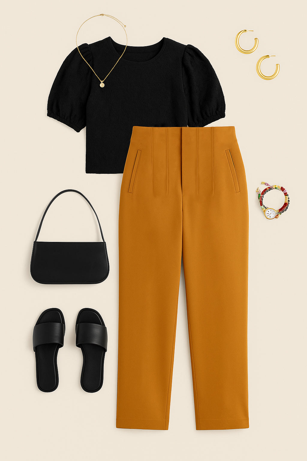 Black top, mustard pants, black sandals, handbag, and jewelry on a beige background