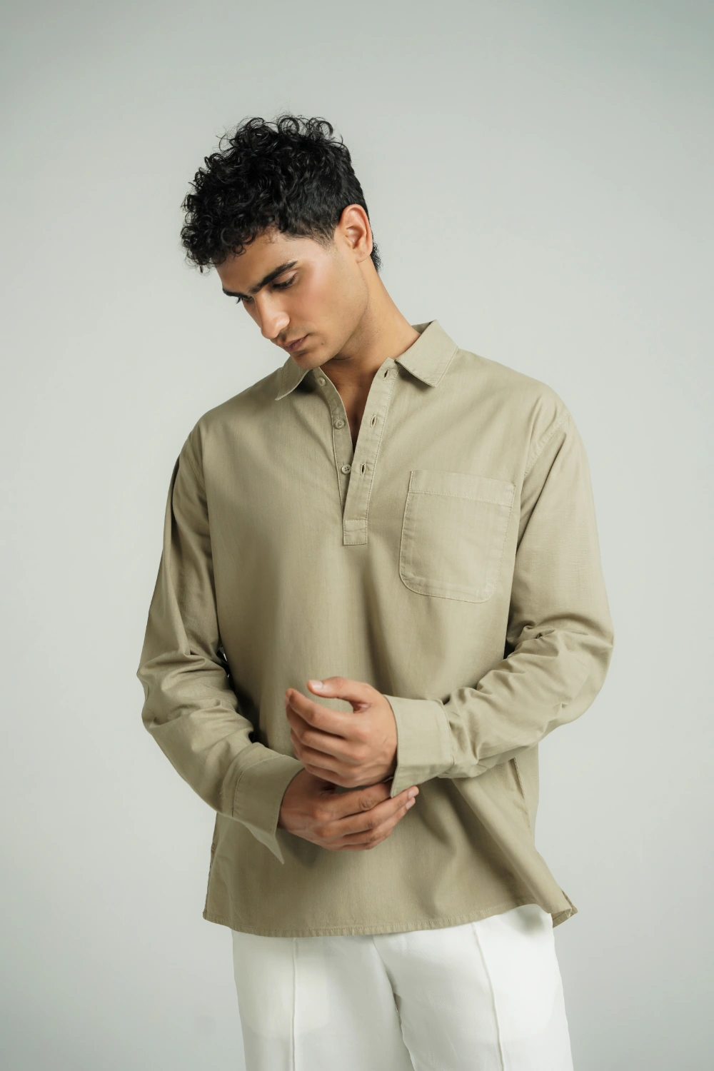 Casual Half Button Shirt Olive