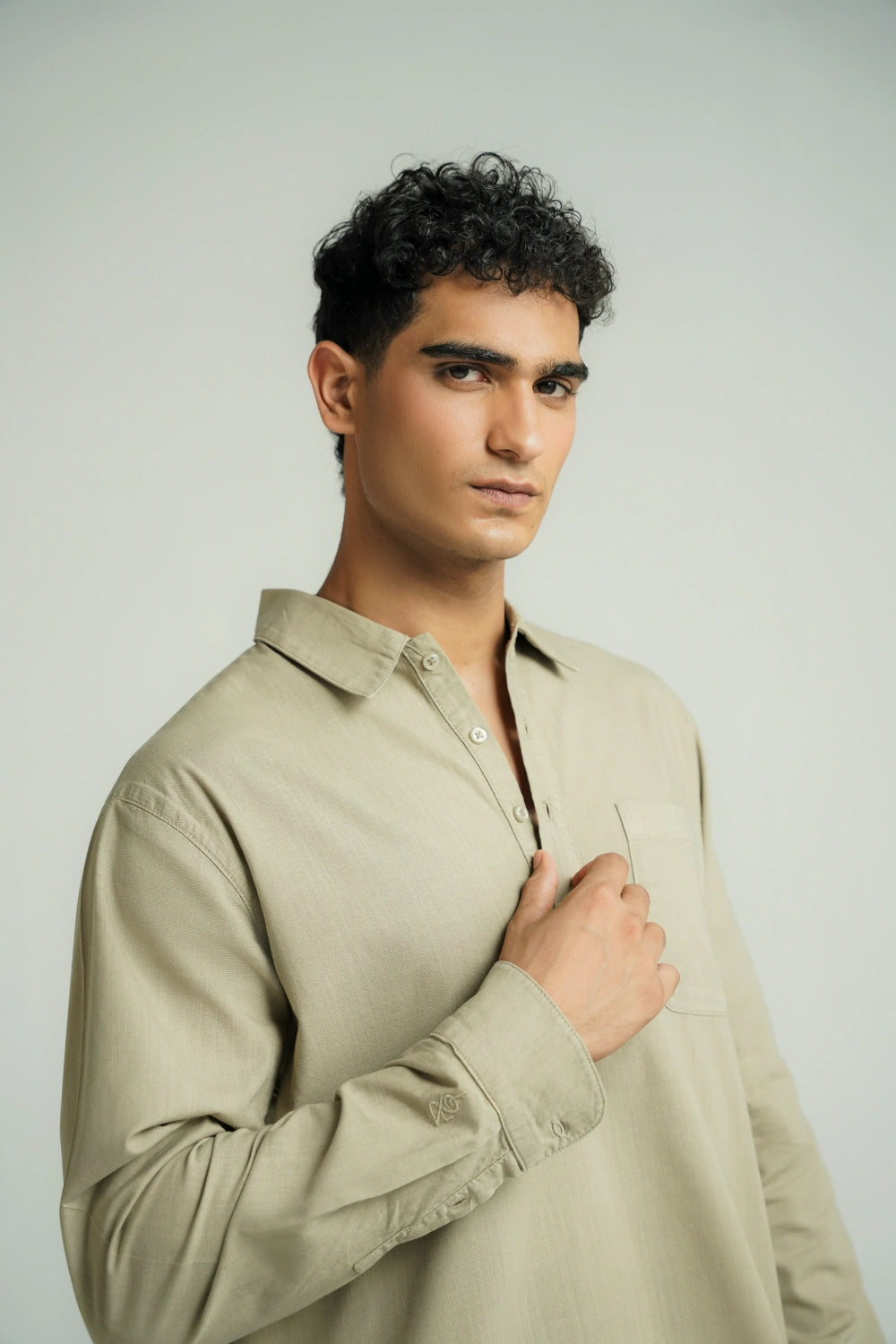 Casual Half Button Shirt Olive-thumbmail-3
