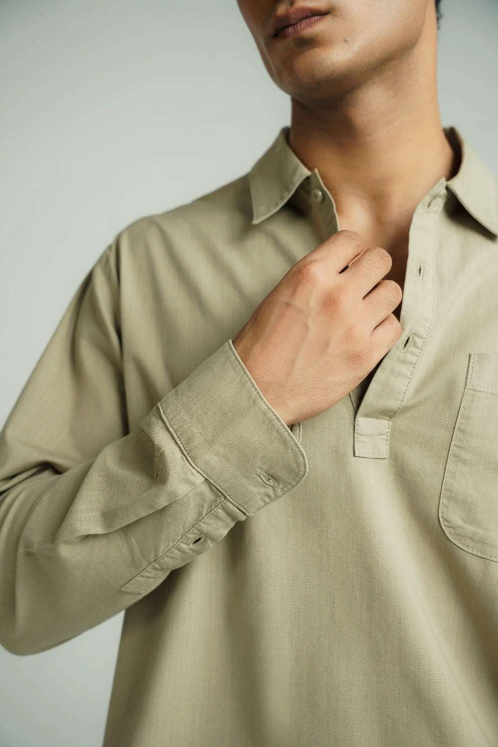 Casual Half Button Shirt Olive-thumbmail-4