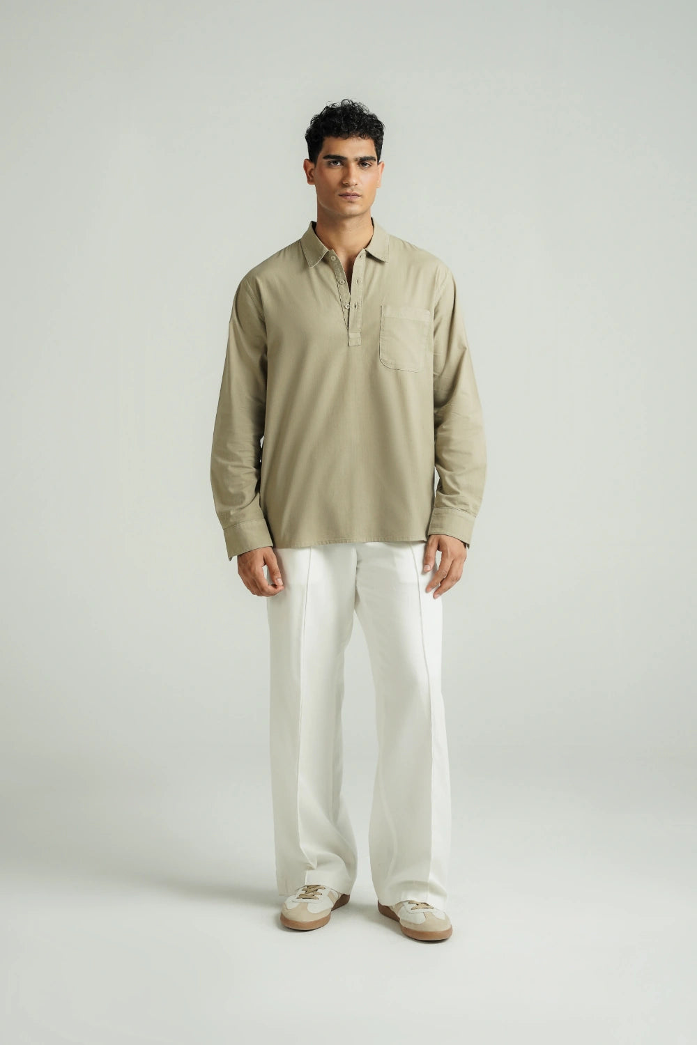 Casual Half Button Shirt Olive-thumbmail-5