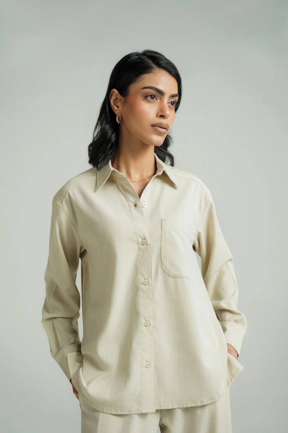 Loose Fit Button Down Shirt - Beige-thumbmail-4