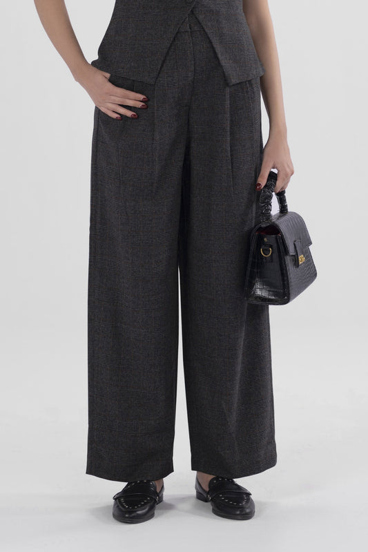 Windowpane Pleated Wide Leg Pants