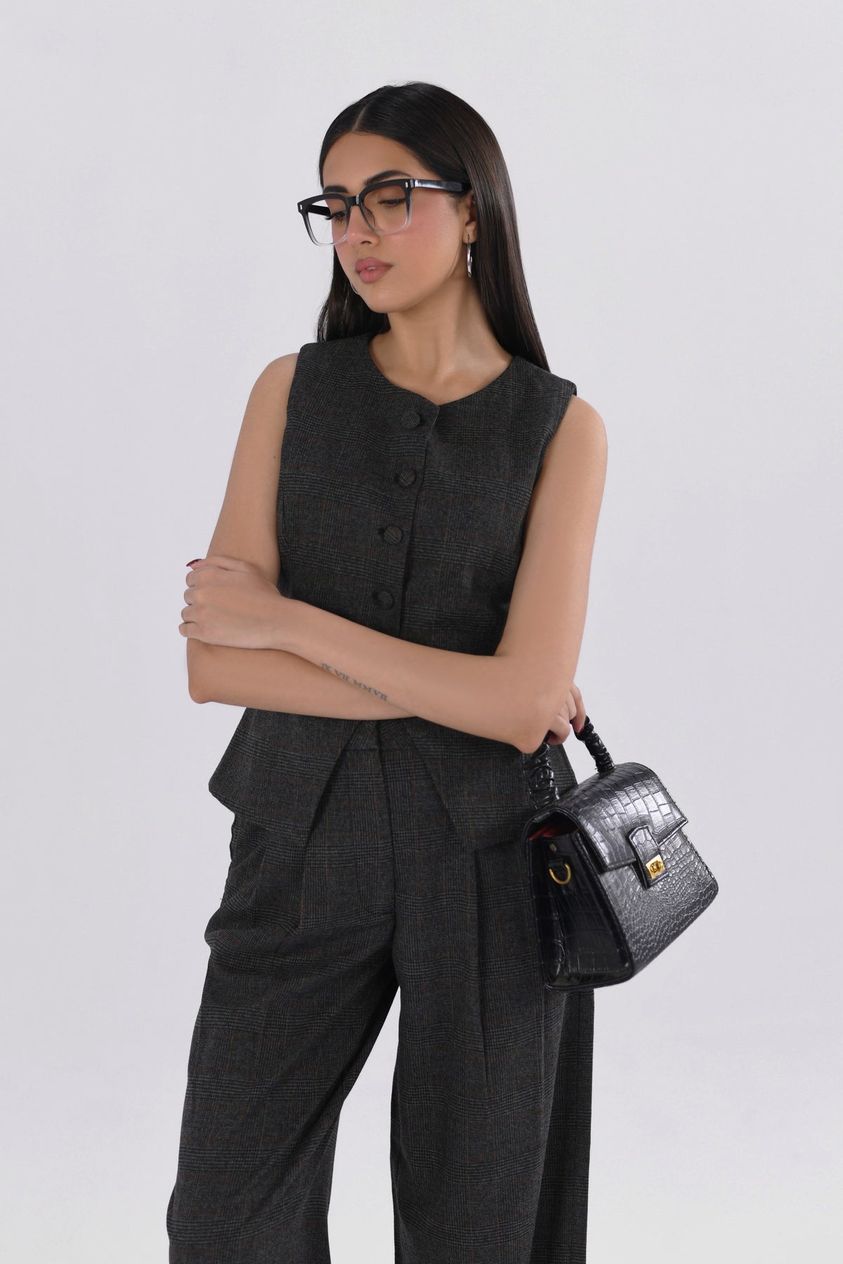 Windowpane Pleated Wide Leg Pants-thumbmail-3