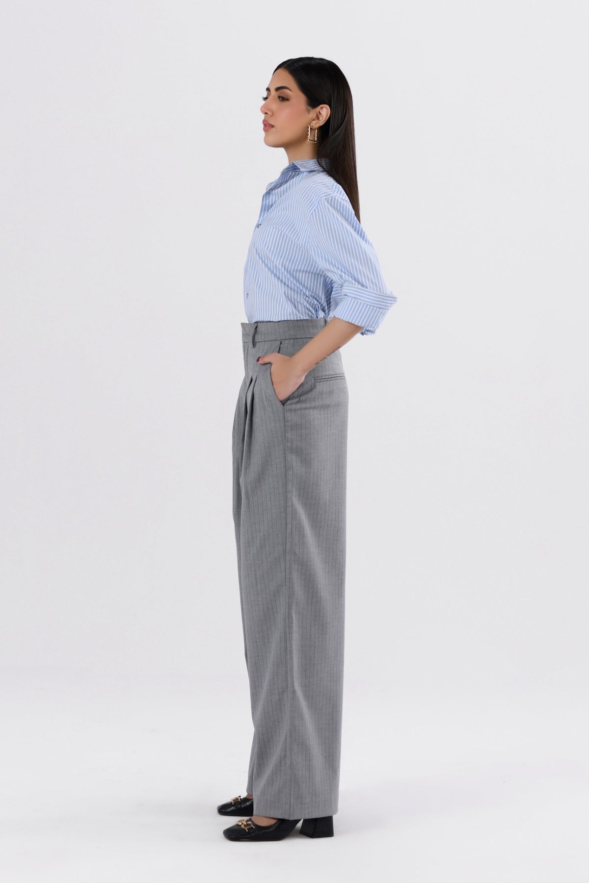 Pinstripes Pleated Wide Leg Pants-thumbmail-5