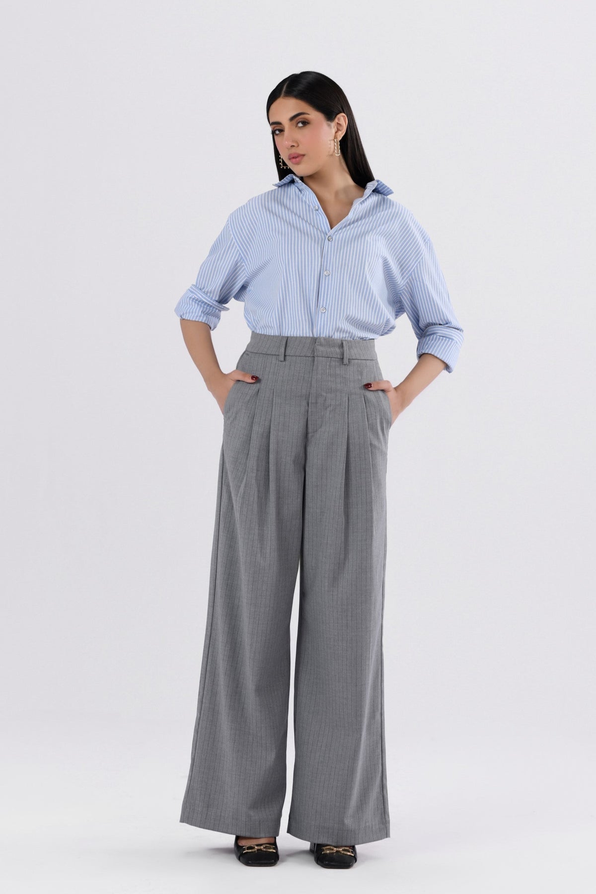 Pinstripes Pleated Wide Leg Pants-thumbmail-6