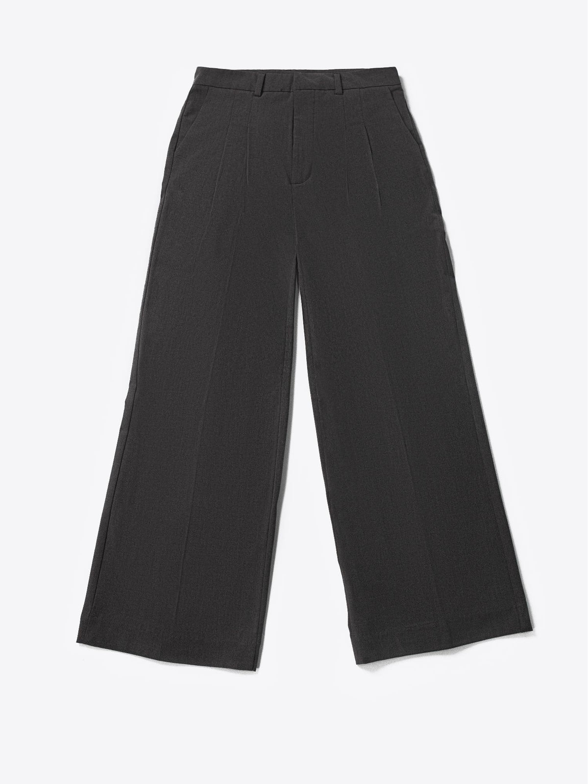 Low-rise black wide leg pants with a fitted belt, pleats, and multiple pockets, designed for a formal and smart look.