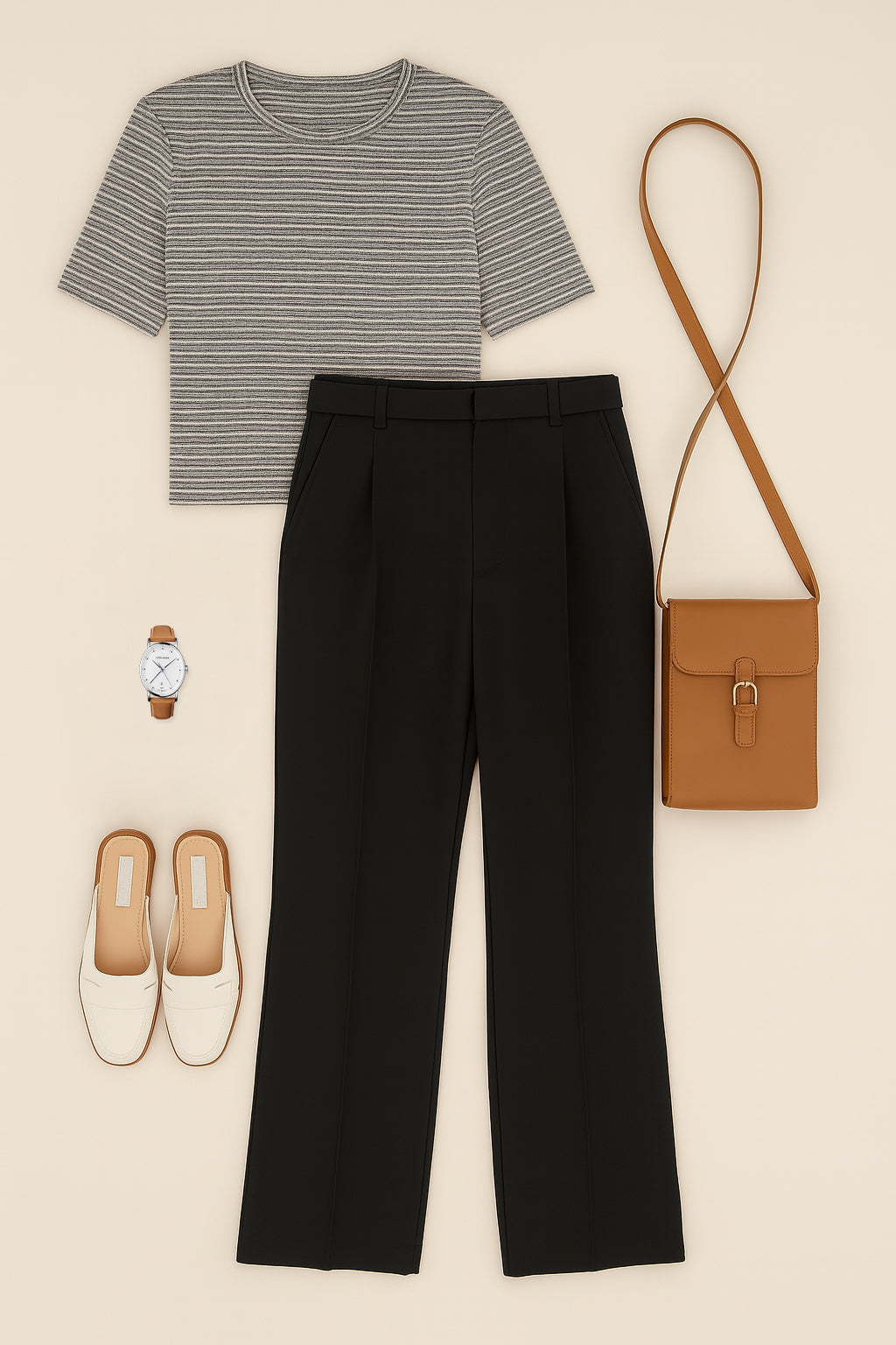 Striped shirt, black pants, brown bag, sandals, and watch arranged on a beige background