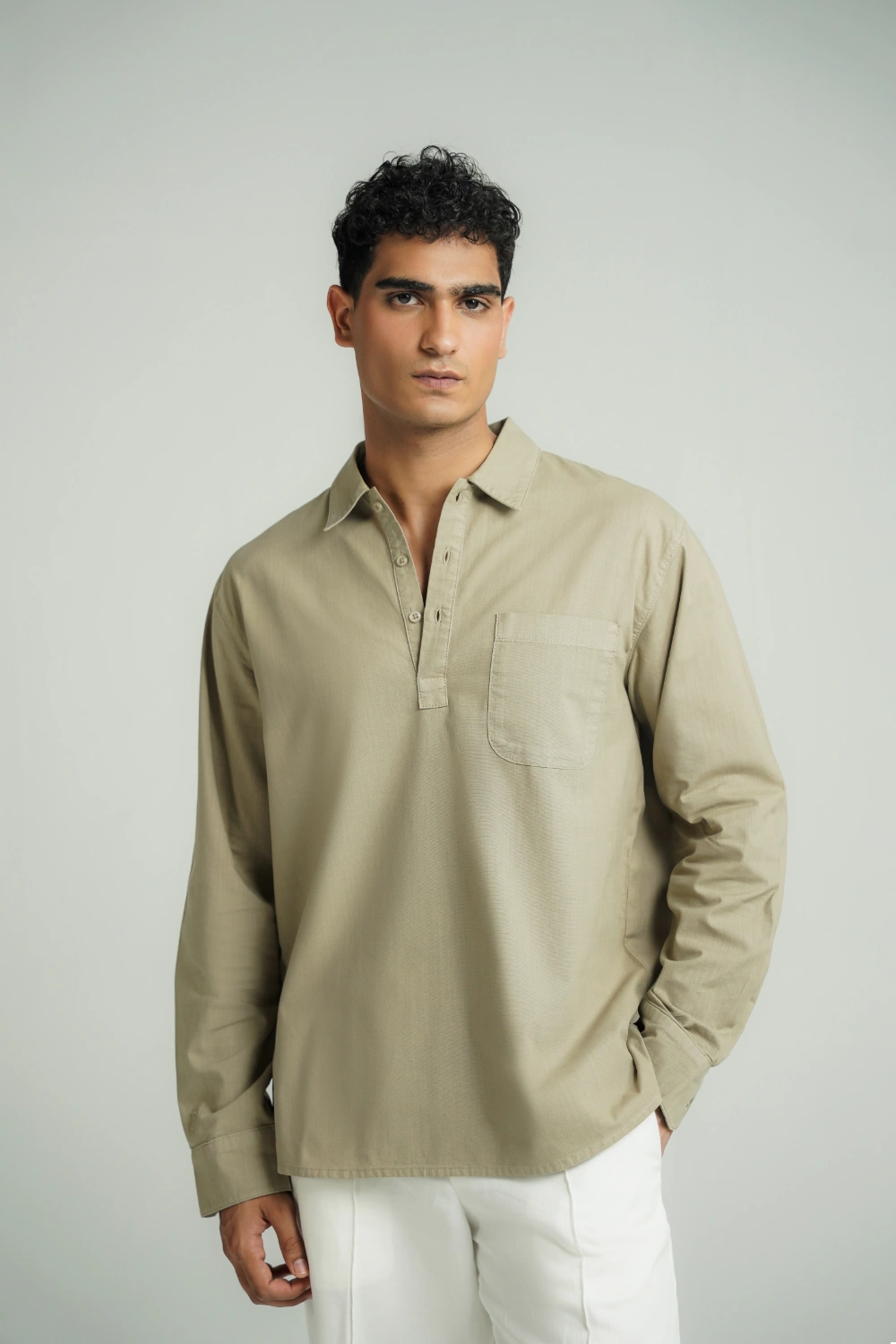 Casual Half Button Shirt Olive