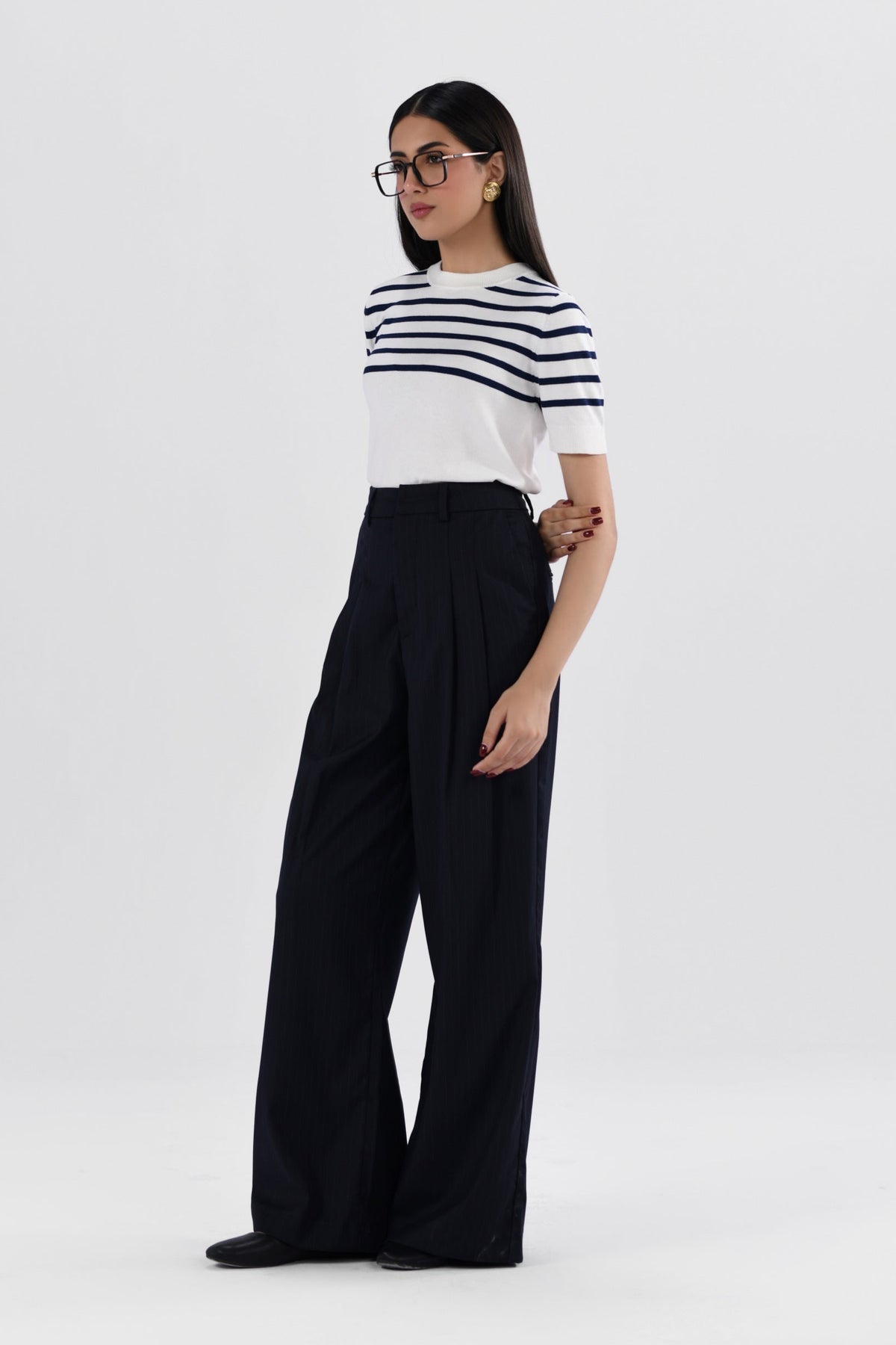 Pinstripes Pleated Wide Leg Pants-thumbmail-4