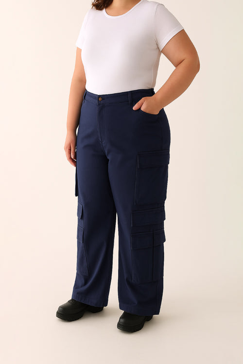 Navy Wide Leg Cargo Pants - XL Size