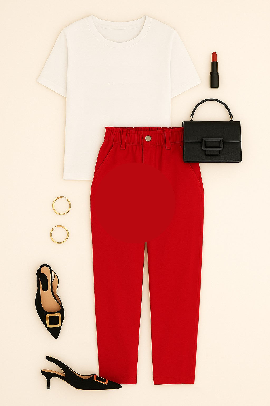 White t-shirt, red pants, black handbag, high heels, and lip products arranged on a beige background