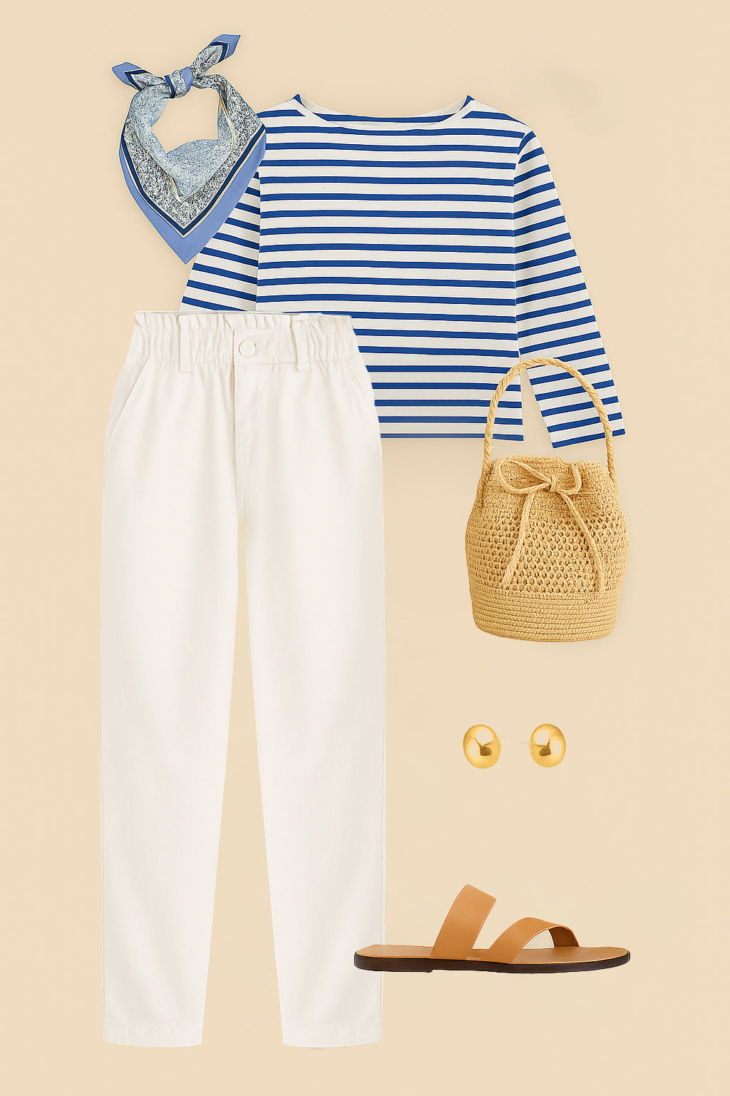 Blue and white striped top with white pants, straw bag, sandals, and earrings on a beige background
